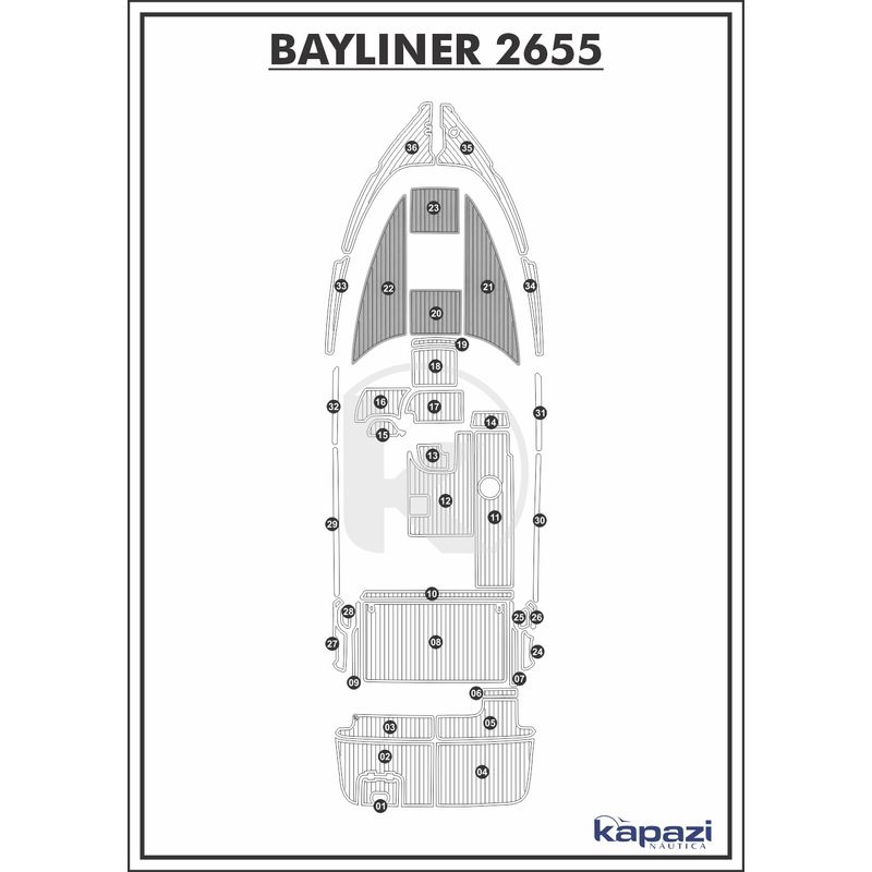 Tapete-PVC-Thermo-Deck-Comfort-para-Bayliner-2655-Proa-Cinza-friso-Preto